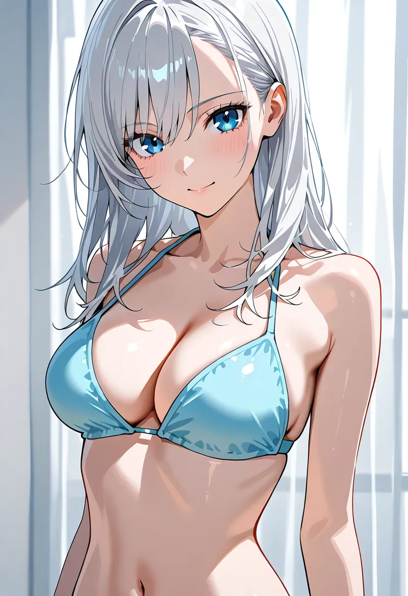 透き通るような碧い瞳と銀色のウェーブヘアが印象的なアニメ調の女性キャラクター。柔らかな陽光が差し込む室内で、穏やかな表情で微笑む優雅なポートレートイラストです。