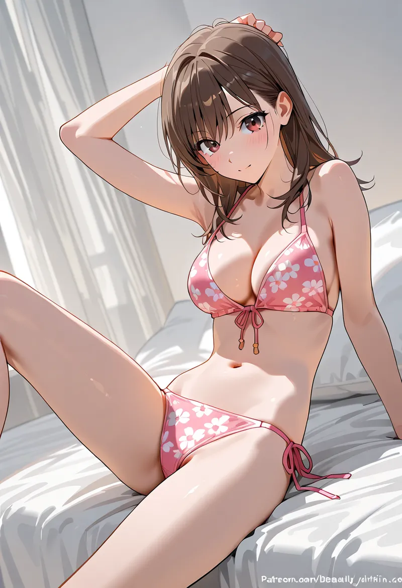 ベッドの上で優雅な姿勢を見せる美少女が、白い花柄が映えるピンク色のビキニを身に纏っています。柔らかな日差しが差し込む明るい室内で、清潔感のある肌と深い瞳が印象的な上品なイラストです。