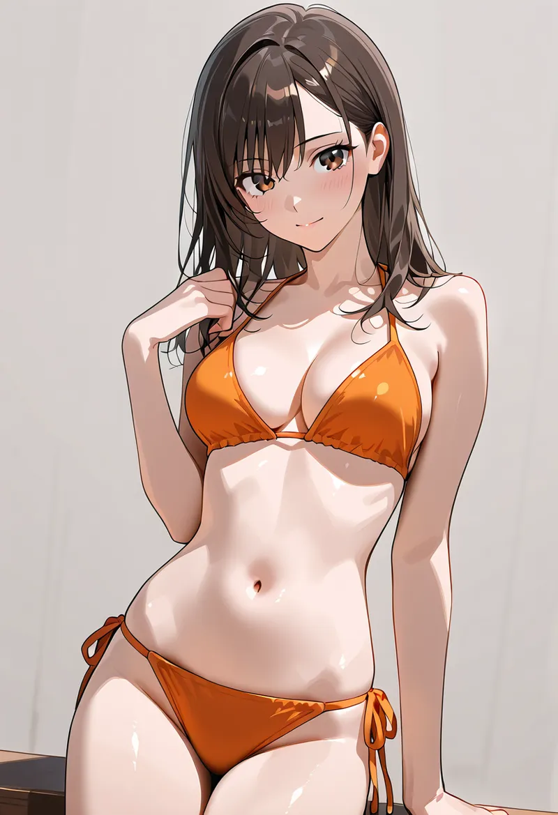黒髪ミディアムのアニメ調美少女が、オレンジ色の下着を身に着けた大人っぽい表情のポートレートです。落ち着いた背景に映える柔らかい光と陰影で、洗練されたイラストに仕上がっています。