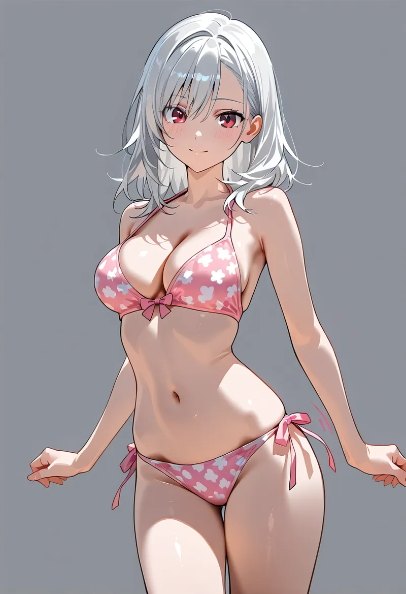 銀色に輝く長髪と深紅の瞳を持つ美少女が、白とピンクの花柄水着姿で落ち着いた表情を見せるアニメ調イラスト。柔らかい肌色と明るい配色が清涼感を演出しています。