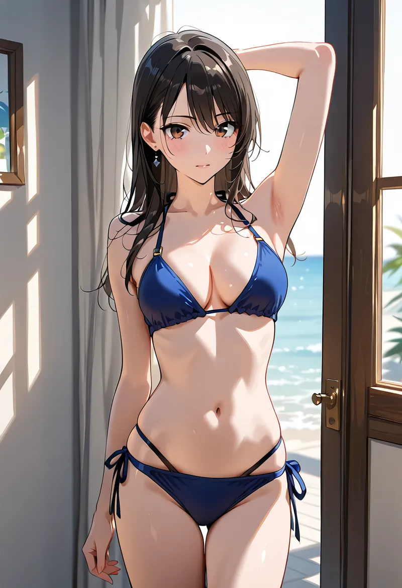 海辺のテラスで腕を上げたポーズを取る、黒髪の美少女イラスト。濃紺の水着と柔らかな光の陰影が美しく、爽やかな海景を背景にした夏らしい一枚です。