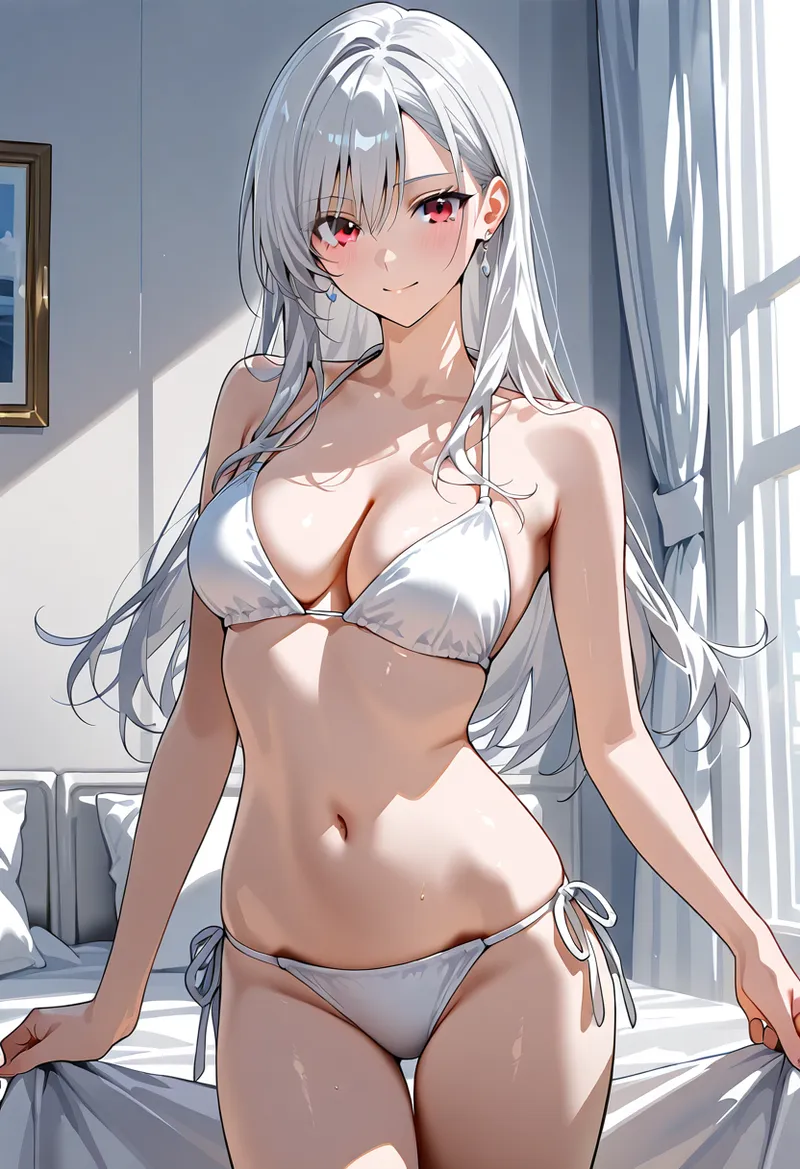 銀色の長い髪と赤紫の瞳が特徴の美少女が、陽光が差し込む室内でポーズを決めています。白を基調とした空間で、清潔感のあるアニメ調イラストです。