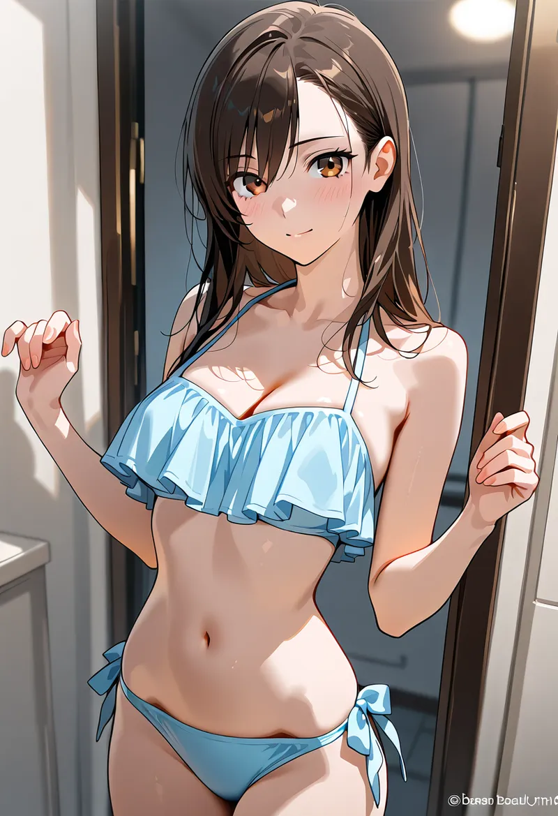 黒髪と琥珀色の瞳が印象的な美少女が、室内の柔らかい光の中で微笑んでいます。青系の軽やかな衣装を纏い、自然な表情と手のポーズで親しみやすい雰囲気を演出しています。