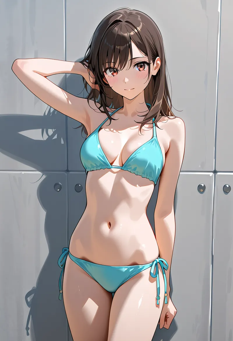 鮮やかな青いビキニを身に纏った美少女が、窓辺で優雅なポーズを見せるアニメ調イラストです。自然光が肌を柔らかく照らし、黒髪のボリュームのある髪型と透明感のある瞳が印象的な作品。