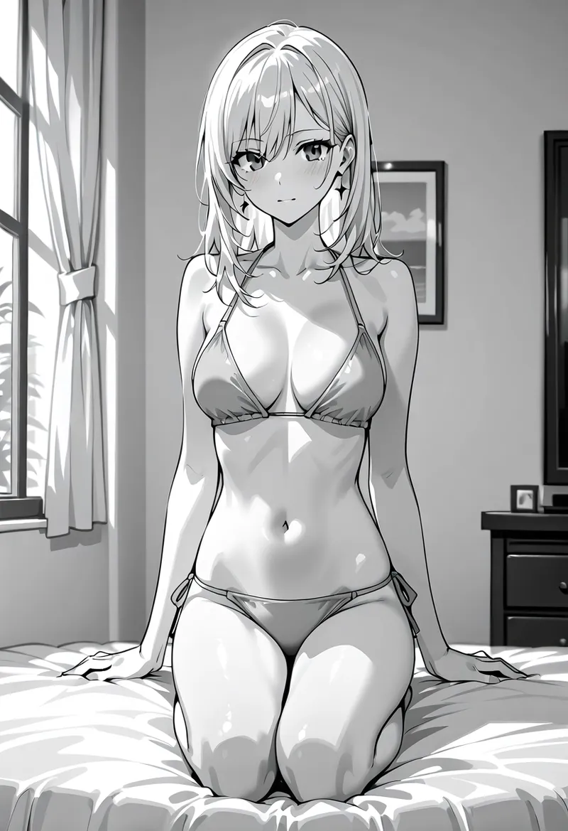 白を基調とした室内でベッドに座る美少女のアニメ調イラスト。窓からの自然光が優しく差し込み、落ち着いた表情と洗練されたタッチで描かれた日常のリラックスシーンです。