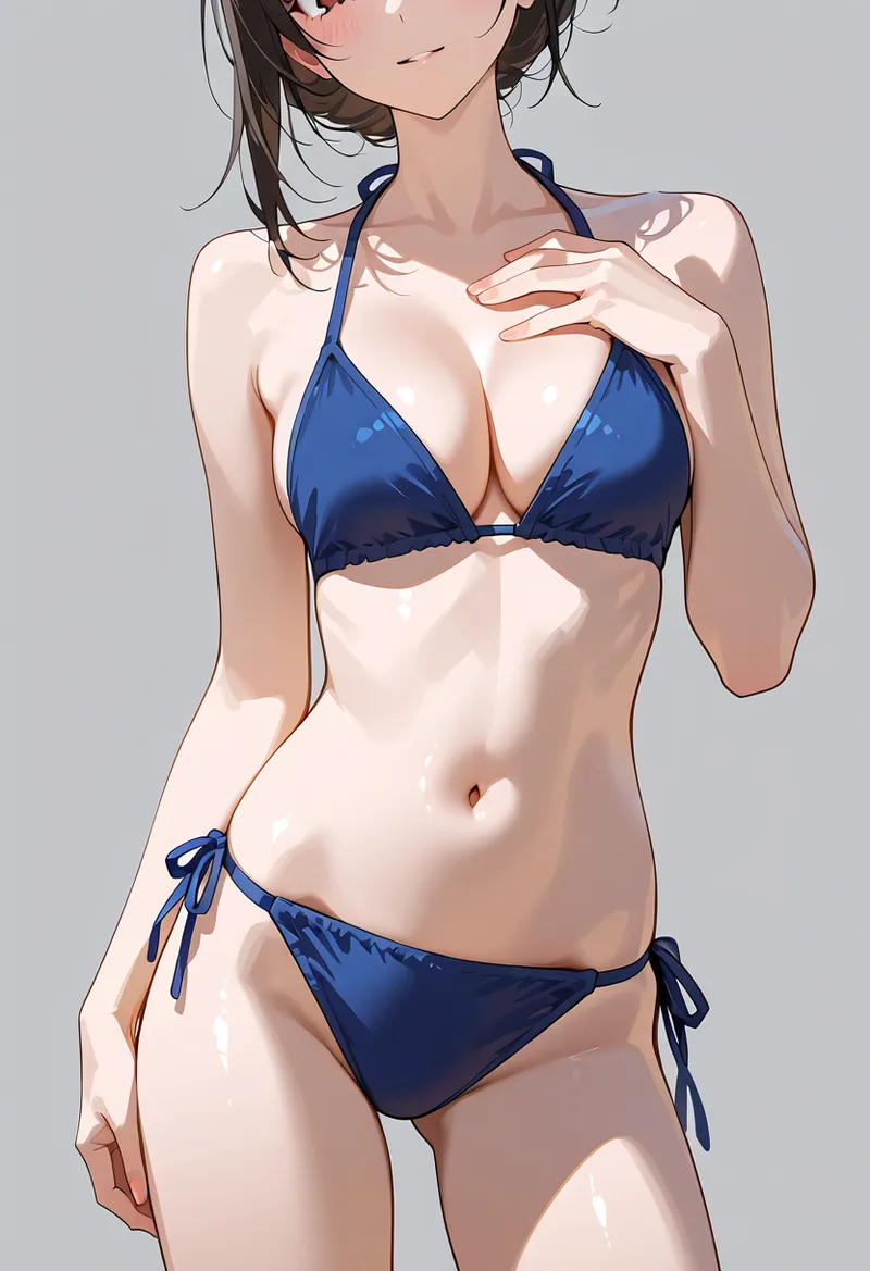 紺色のビキニを着た美少女のグラビアイラスト。流れる黒髪と優雅なポーズ、光沢のある肌表現が印象的なAI生成ポートレートです。