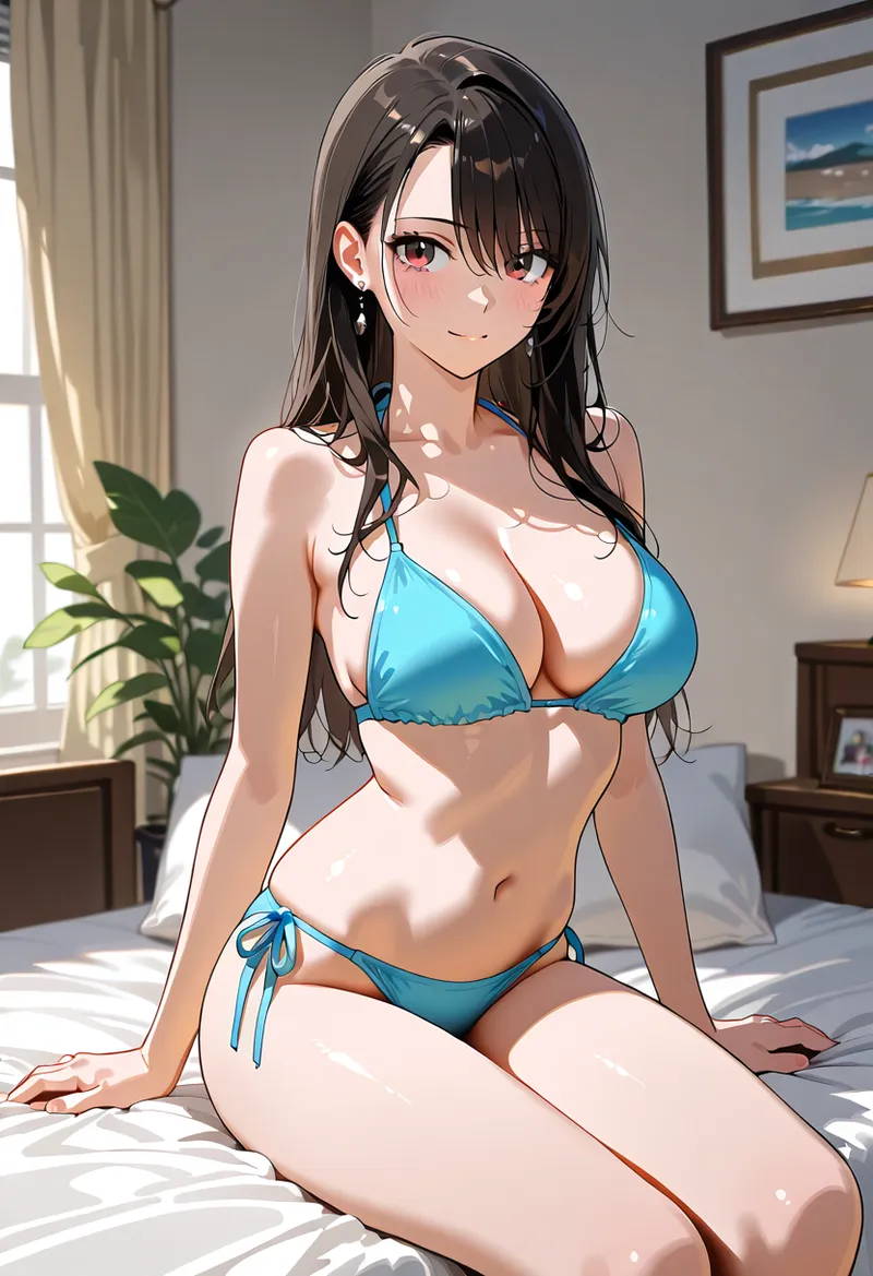 黒髪ロングの美少女が、明るい窓光が差し込む寝室でリラックスした表情を浮かべています。青いビキニ姿で、観葉植物と家具に囲まれた上品なインテリアの中でのポーズ撮影です。