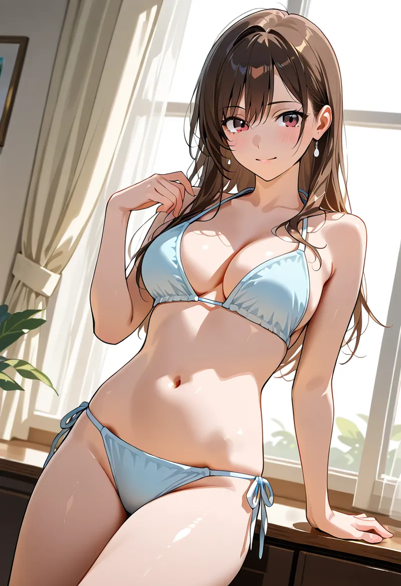 明るい窓から差し込む自然光に包まれた美少女のポートレートです。長い茶髪と涼しげな表情、淡いブルーのファッションコーディネートが、洗練された大人っぽい雰囲気を引き出しています。