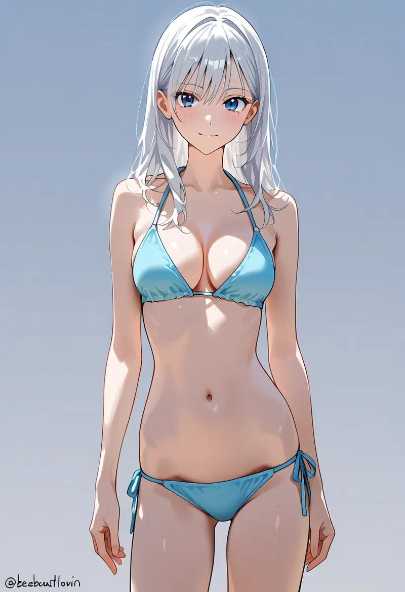 透明感のある白髪と瑞々しい青い瞳が印象的な美少女のポートレート。ターコイズブルーのビキニ水着姿で、柔らかな表情とすっきりとした構図が夏らしい涼しさを感じさせるアニメ調イラストです。