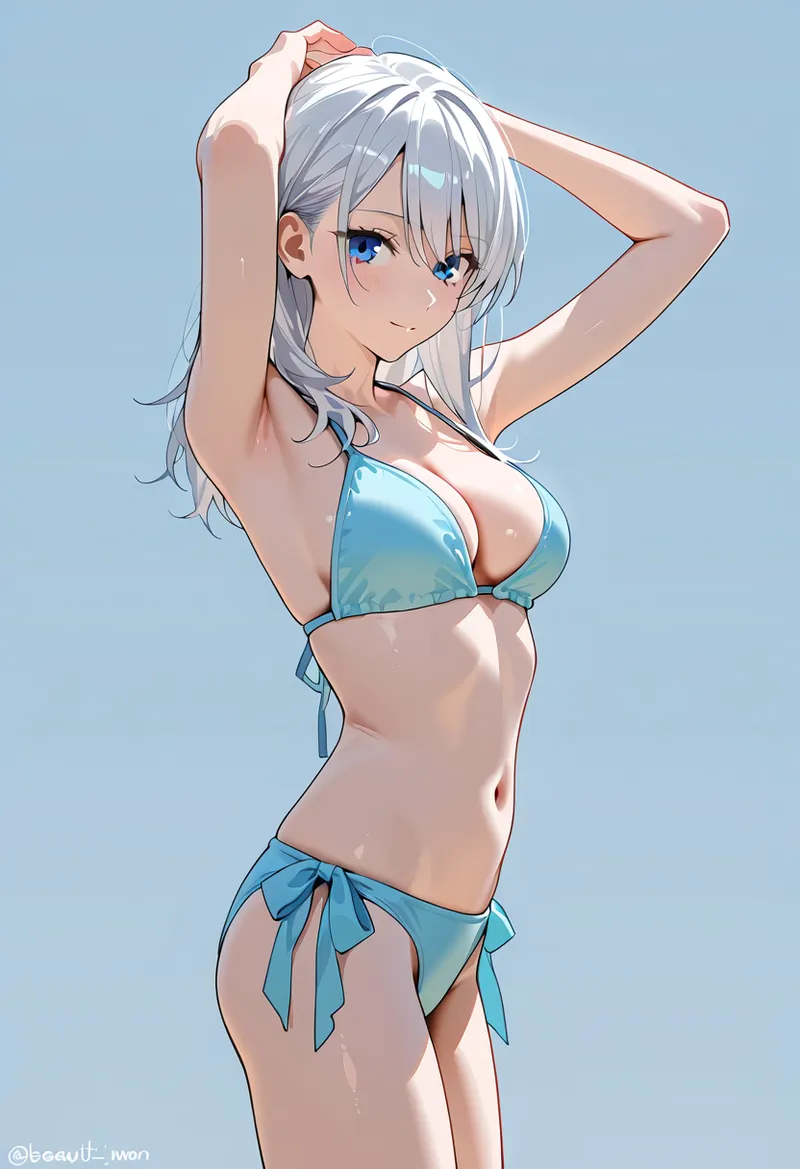 爽やかな青色のビキニを身に纏った銀髪の女性が、上目遣いで髪を触る優美な姿態を描いたアニメ調イラスト。澄んだ瞳と流れるような髪の毛、淡いスカイブルーの背景が爽やかな夏の雰囲気を演出します。