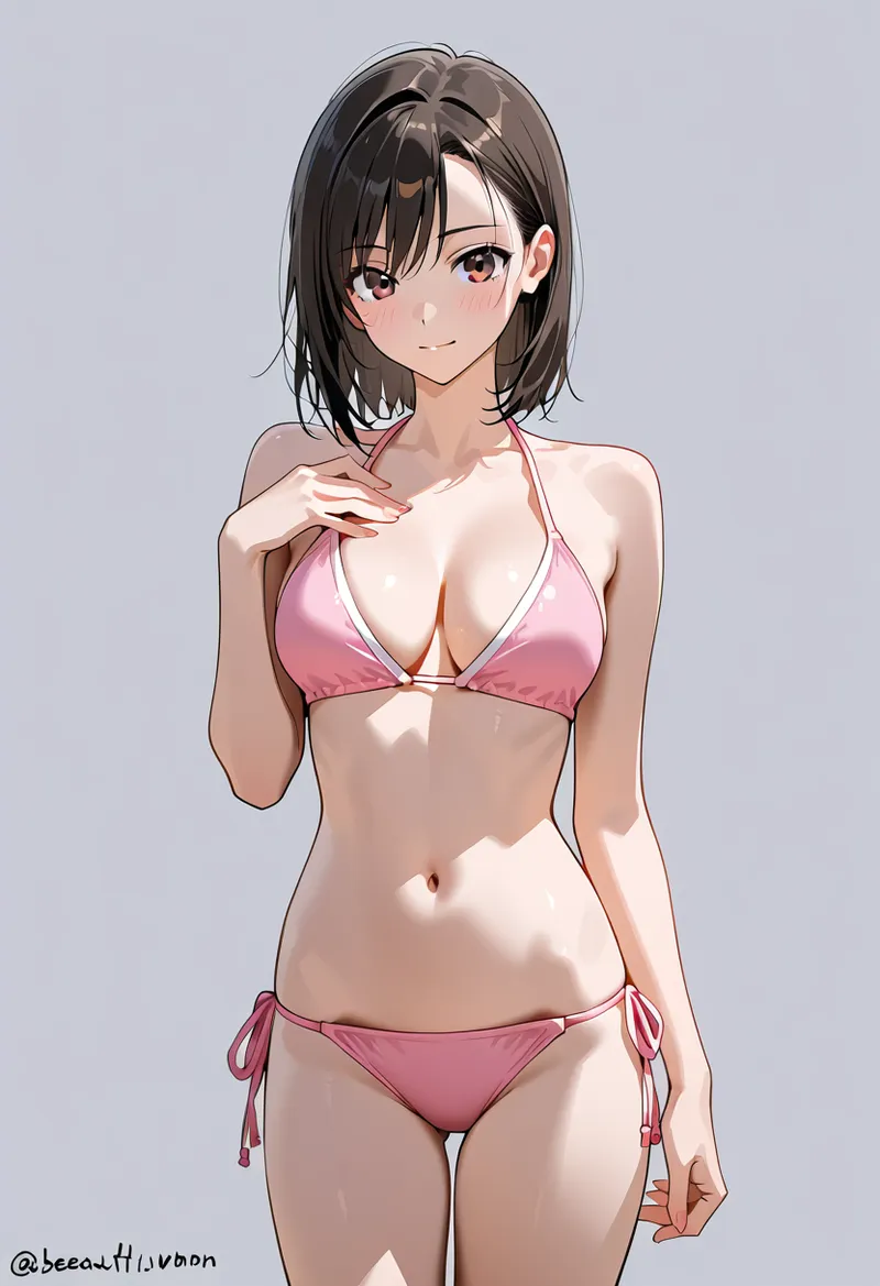 黒髪ショートの美少女がピンク色のビキニ姿で爽やかに微笑む、アニメ調のグラビアイラスト。柔らかい表情と洗練された描線が印象的です。
