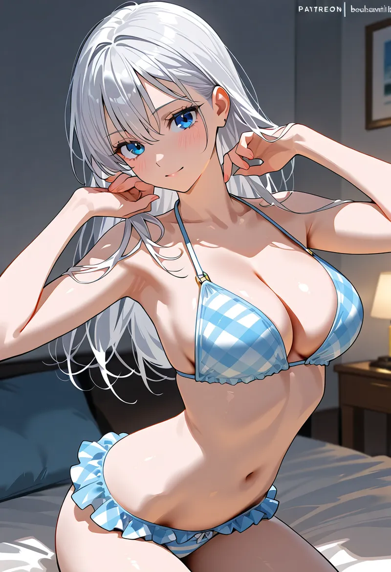 青白チェック模様の水着を身につけた銀髪の美少女が、落ち着いた室内で柔らかな表情を見せるアニメ調イラストです。大きな青い瞳と優雅な仕草が特徴的で、高品質なAI生成アートの完成度が感じられます。