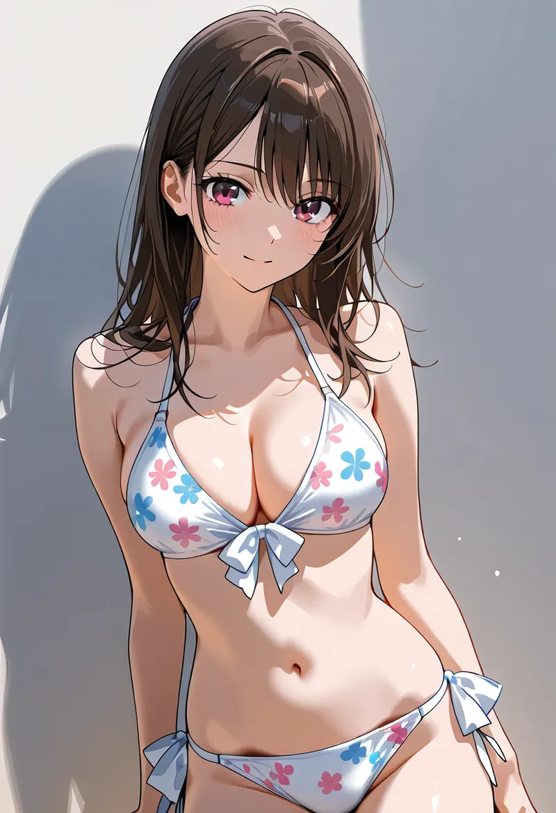 ピンク色と青色の花模様が入ったビキニを着た、黒髪ショートヘアの美少女のアニメ調イラスト。明るい笑顔と優しい表情が特徴的で、白基調の背景に優しい影が落ちています。