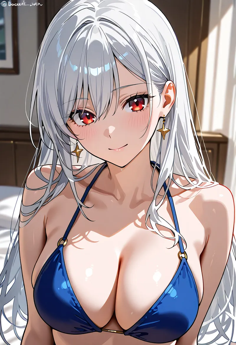 銀色の長髪と深紅の瞳が印象的な美少女のアニメ調イラストです。青いビキニを着用し、室内の窓からこぼれる柔らかな光が背景に映り込む、洗練された構図で描かれています。