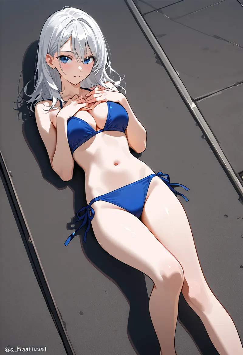 澄んだ青い瞳と流れるような白髪が印象的な、アニメ調の美少女イラストです。青いビキニを身につけた立ち姿で、自信に満ちた表情と洗練された構図が特徴的な作品です。