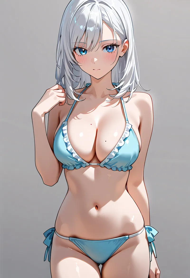 涼しげな青色の水着を身につけた銀髪の美少女が、柔らかな笑みで正面を向いたアニメ調イラストです。青い瞳と透明感のある肌が印象的な、夏らしい爽やかな一枚。