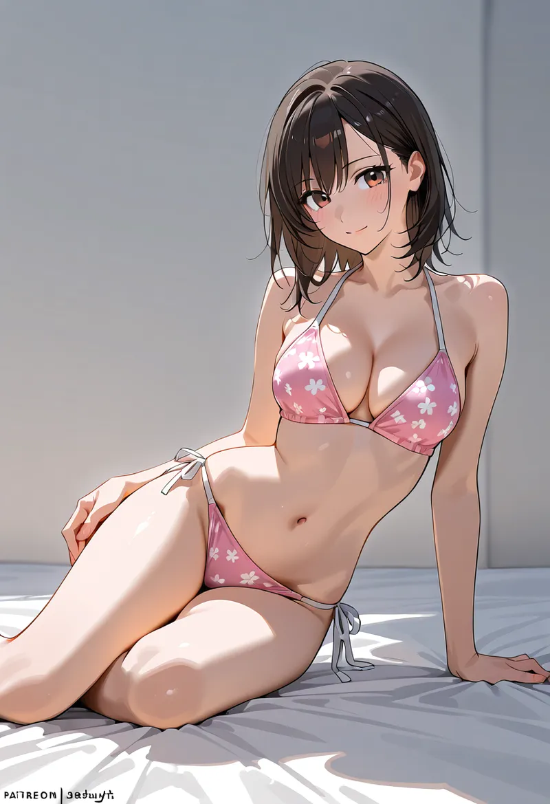 花柄の淡いピンク色ビキニを身に着けた黒髪の少女が、光の差し込む室内でポーズを取るアニメ調イラスト。柔らかな陰影と肌の質感が印象的です。