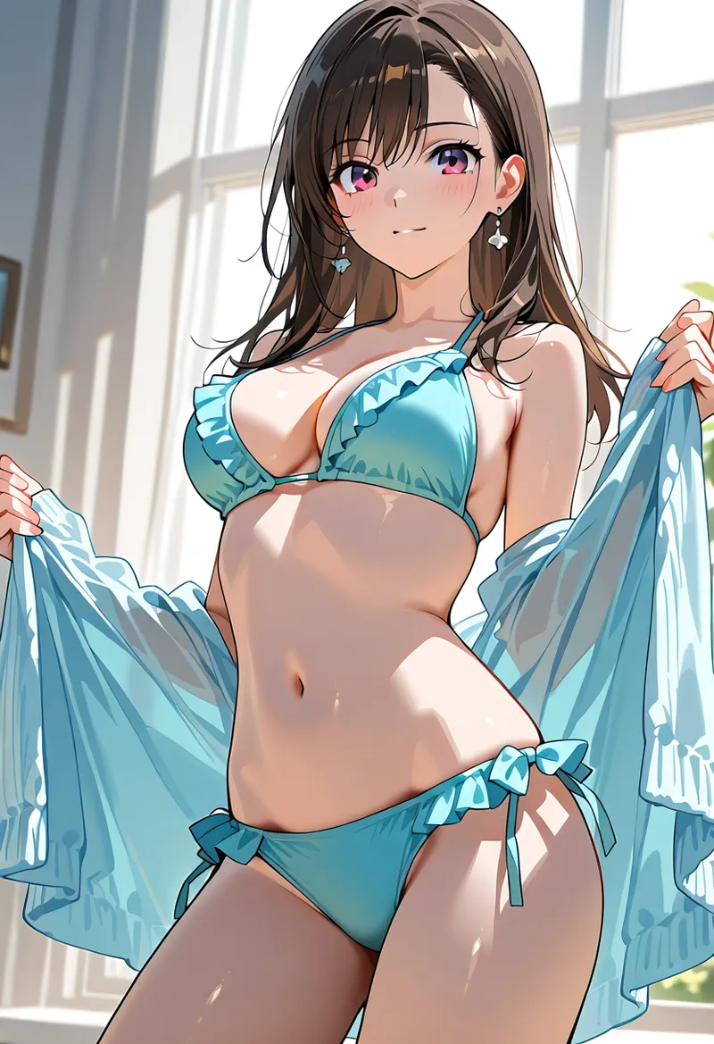 明るい窓からの日差しが優しく照らす室内で、紫紅色の瞳が印象的な美少女が微笑んでいます。水色のファッションと長めの茶髪、そしてさらりとした表情が爽やかで親しみやすいイラストです。