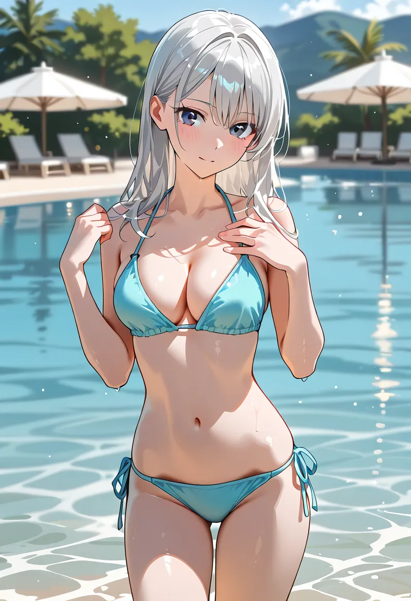 澄み渡ったプールを背景に、ターコイズブルーの水着姿で佇む銀髪の少女。白い傘とラウンジチェアが配された開放的なリゾート空間で、爽やかな夏の光が輝く水面を映し出すアニメ調イラストです。