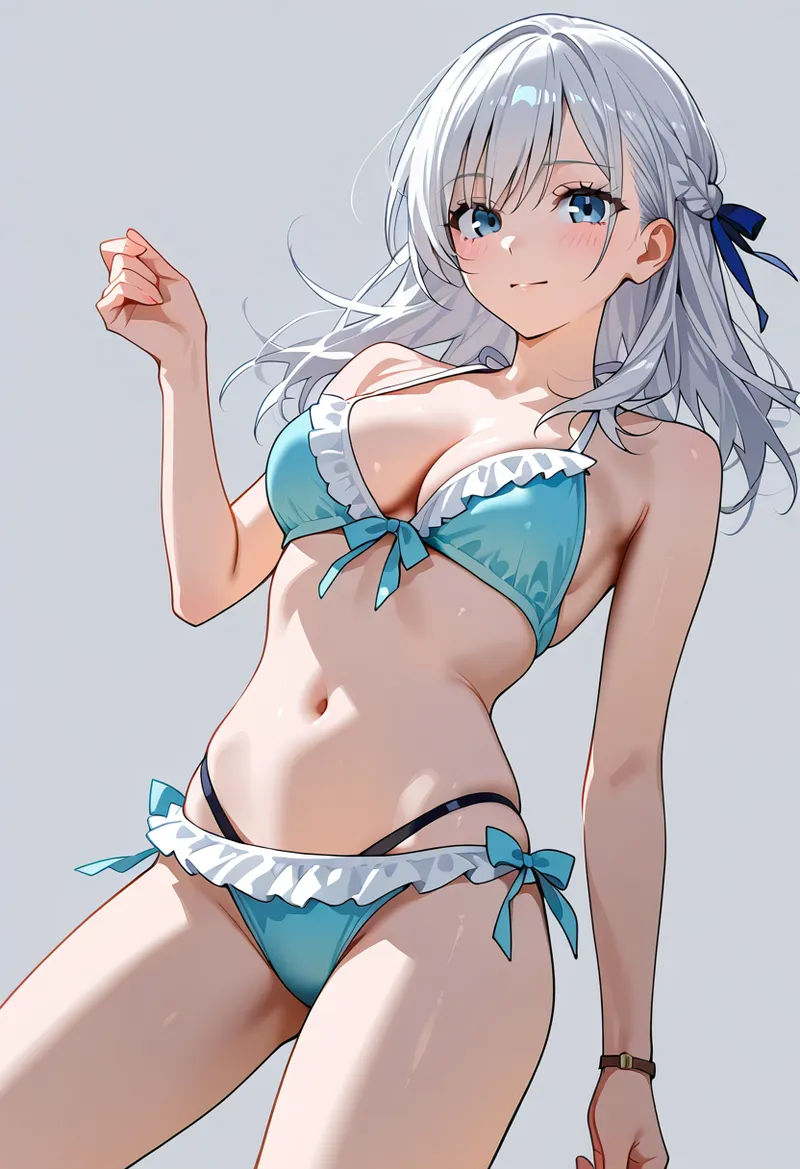 銀髪にネイビーのリボンをあしらった、透明感のある瞳の美少女イラストです。青と白のフリル装飾が特徴的で、柔らかい表情と優雅なポーズが印象的なAI生成アートです。