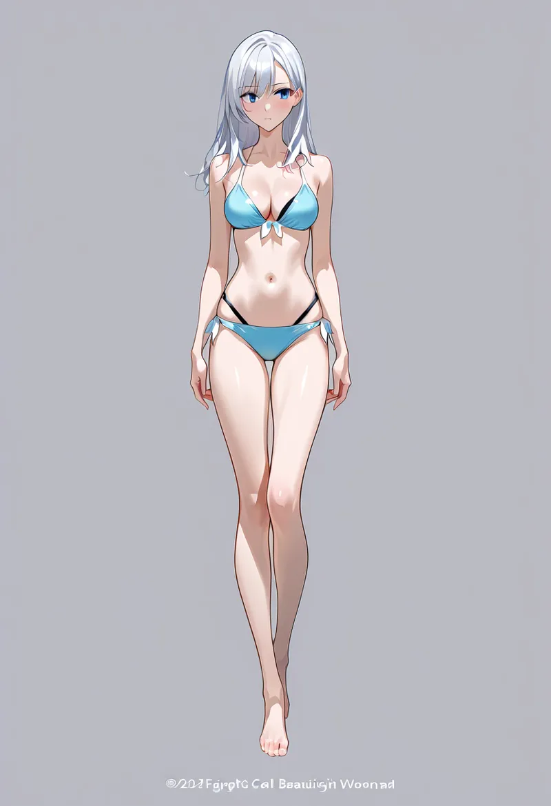 白髪をなびかせた美少女がアニメ調で描かれたフルボディイラストです。青色のビキニを身に纏い、落ち着いた灰色の背景の中で洗練された佇まいで立っています。