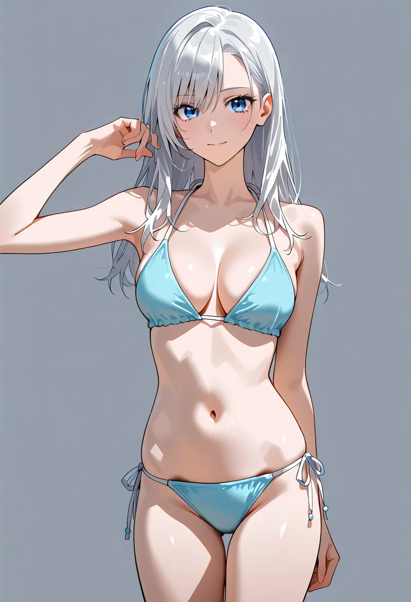 透き通るような青いビキニを身にまとった白髪の美少女が、柔らかい微笑みで髪に手を添える姿を描いたアニメ調イラストです。淡いグレーの背景に浮かぶ清涼感のあるポートレート作品。