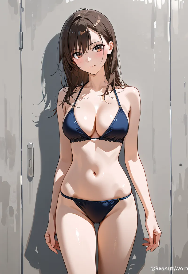 落ち着いた紺色のインナーウェアを身に纏った美少女のアニメ調イラストです。自然な立ち姿と清潔感のある表情、柔らかい髪の質感と明るい肌色が特徴的な一枚。
