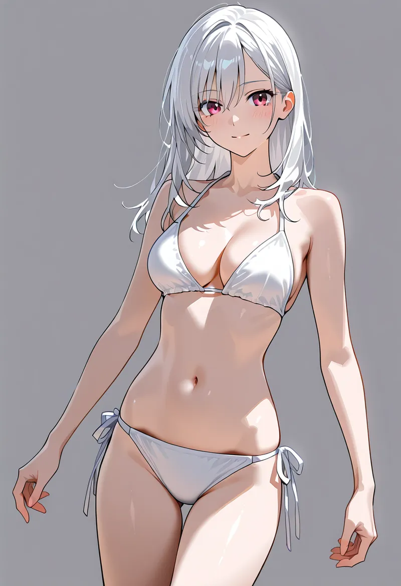 銀色に輝く長い白髪と赤紫色の瞳が特徴的な美少女のアニメ調イラストです。穏やかな表情と柔らかい光の表現が、洗練された雰囲気を引き出しています。
