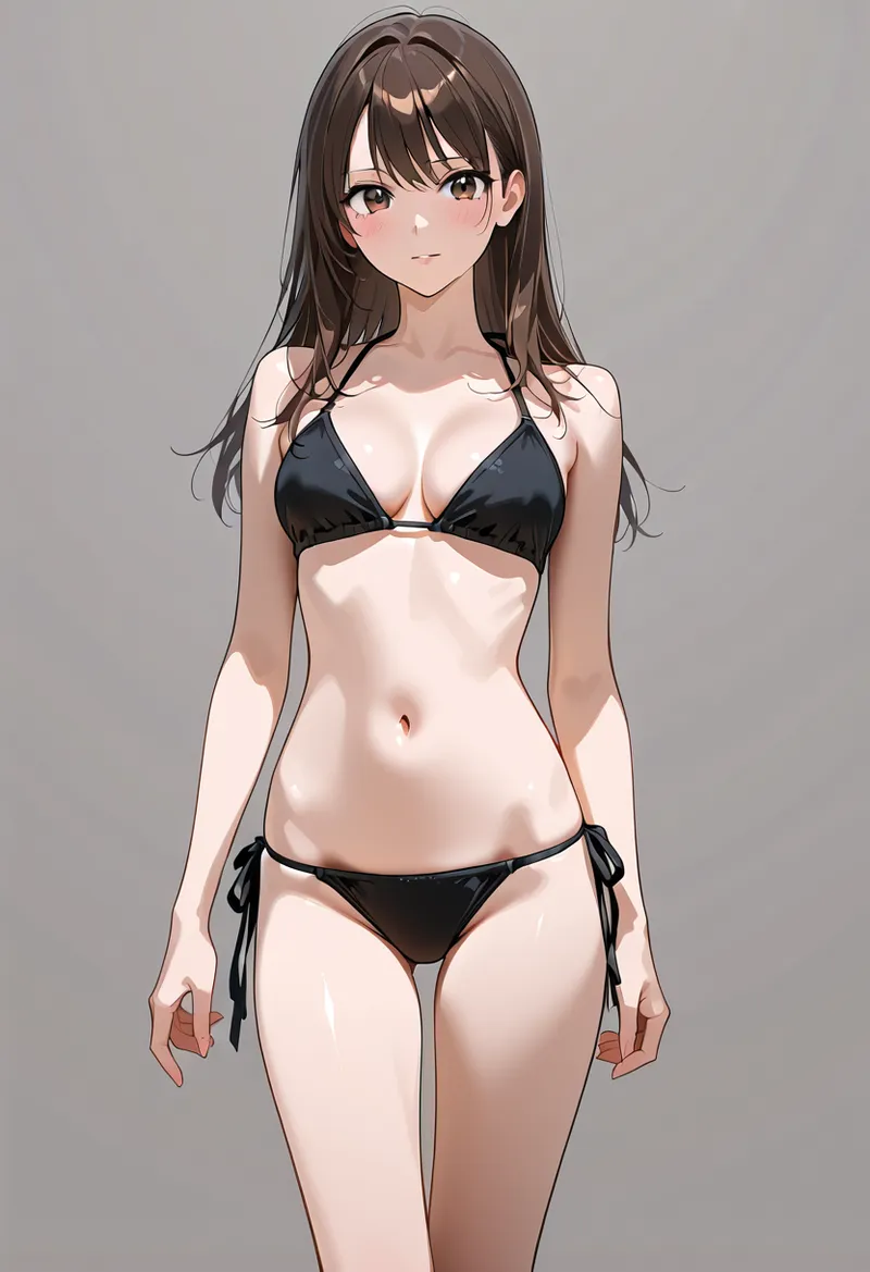 長い黒髪とすっきりした顔立ちの美少女が、黒のビキニ姿でニュートラルな表情を浮かべています。グレーの背景に映えるアニメ調のイラストです。
