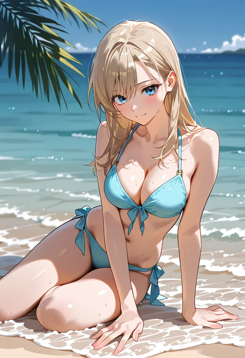 透明感のある青い海を背景に、白砂のビーチでくつろぐ美少女のアニメ調イラストです。やさしい表情と流れるような金髪、リゾート風の明るい色合いが夏の開放感を引き出しています。