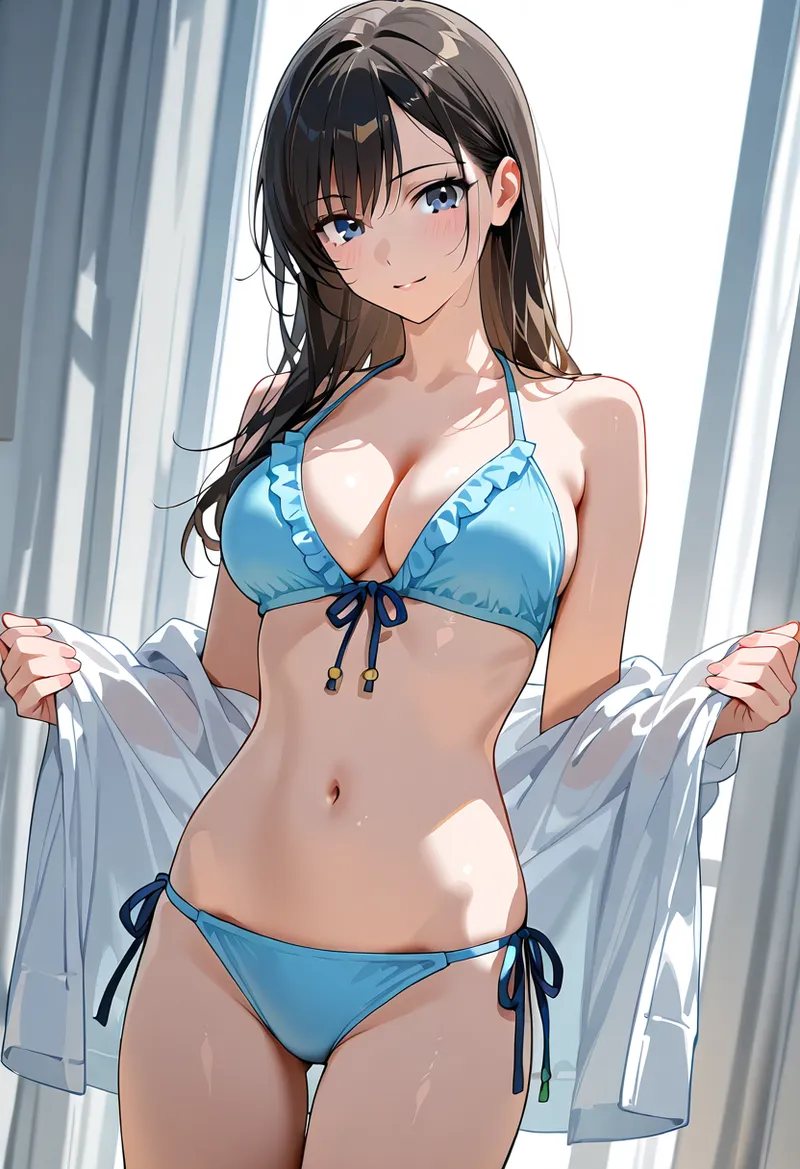 明るい窓からの光を受けた黒髪の美少女が、爽やかな青いビキニとふんわりした白いシャツを合わせたスタイルで、柔らかく微笑む表情を見せるアニメ調イラストです。
