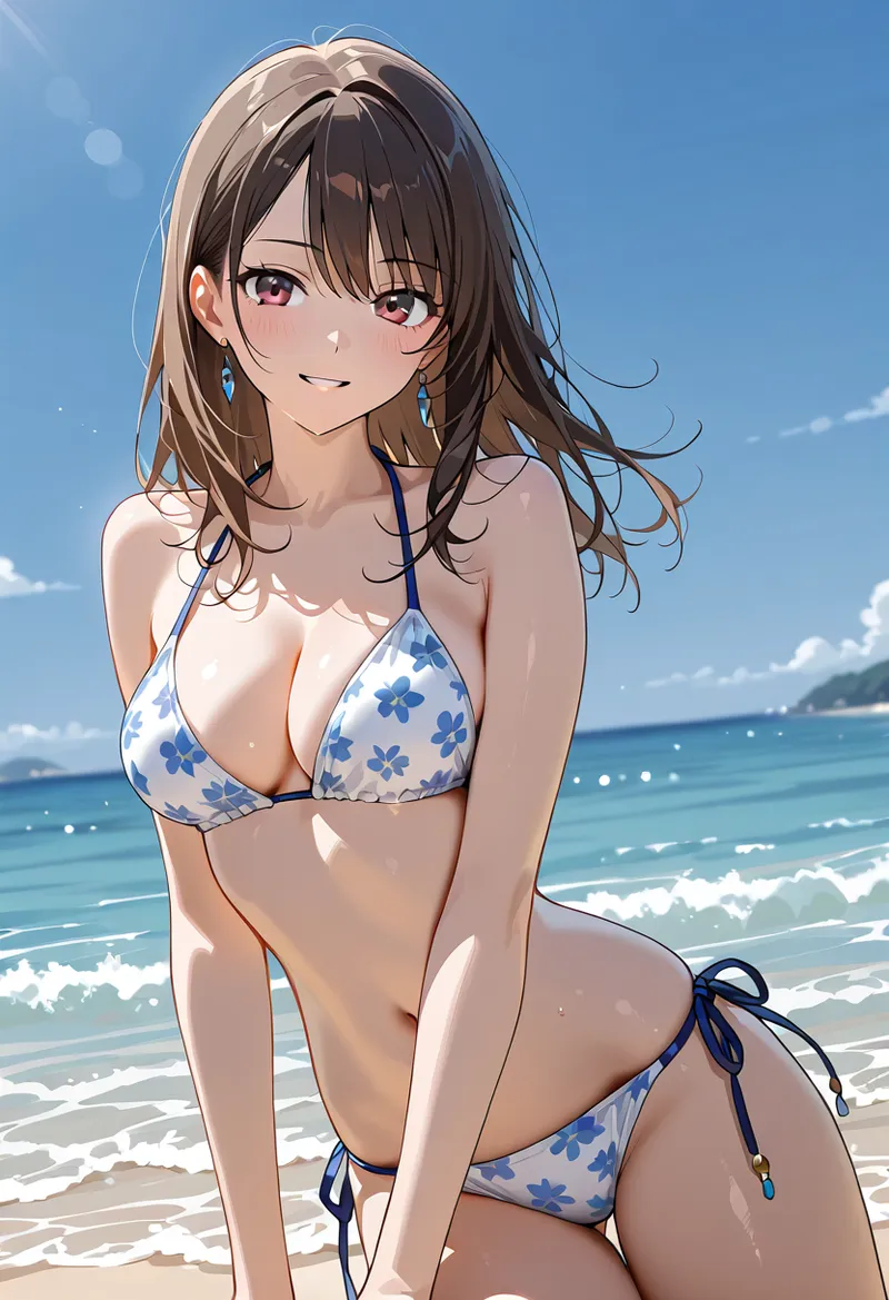 清々しい青空と波が広がる海辺で、ピンク色の瞳が優しく微笑む美少女が佇んでいます。白と青の花柄ビキニと陽光の輝きが夏の風情を表現したアニメ調イラストです。