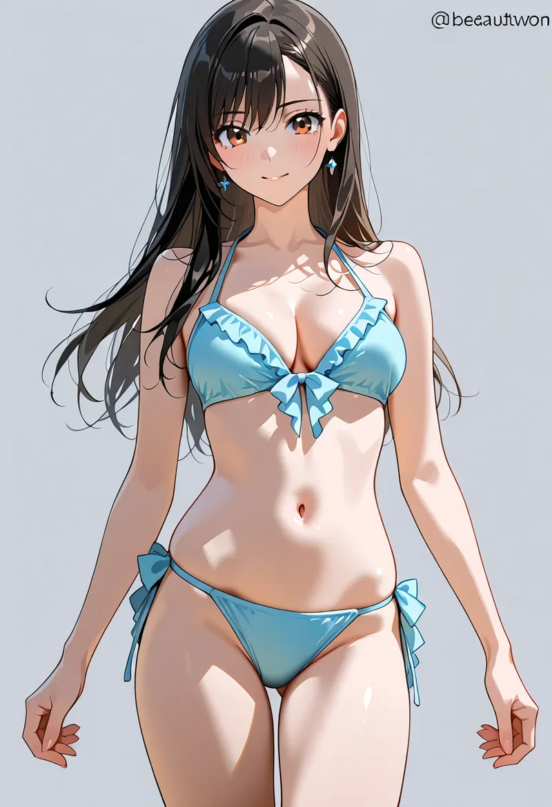黒髪ロングヘアに赤い瞳の美少女が、爽やかな青色のビキニ姿でスタイリッシュに佇むアニメ調イラストです。モデルのような洗練されたポーズと表情が印象的な一枚。