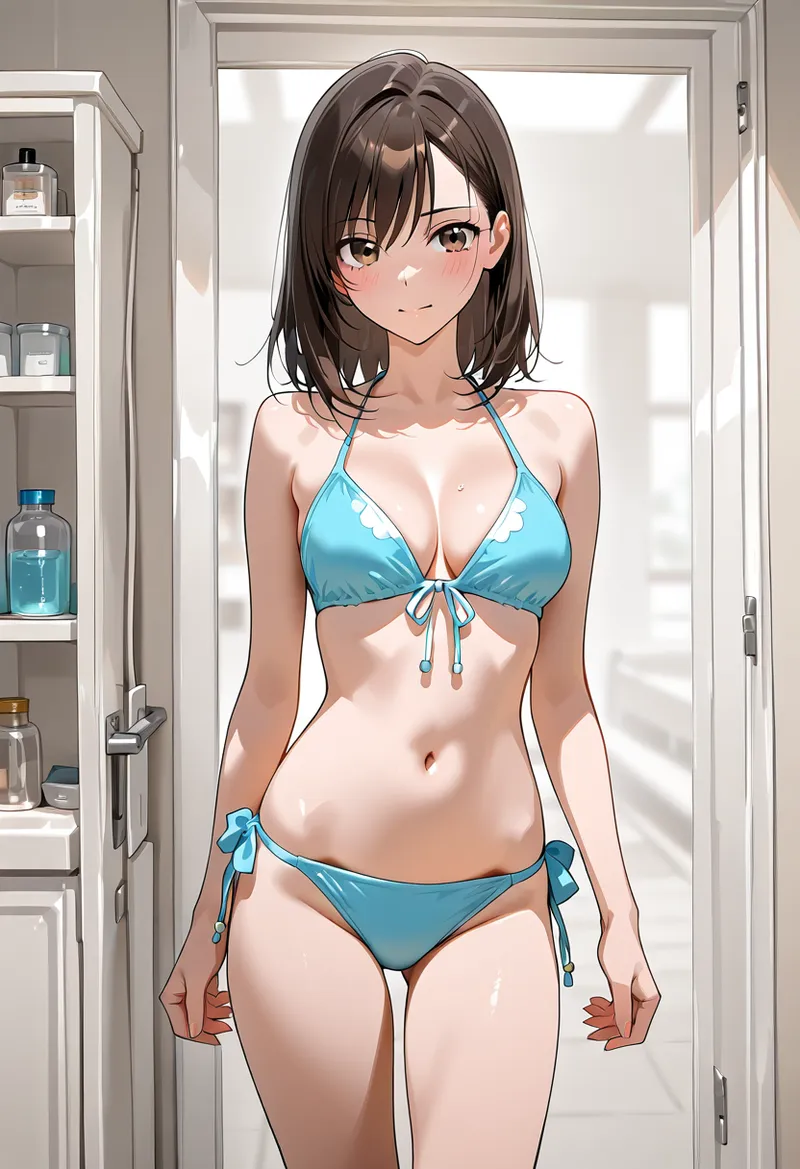 モダンな洗面所を背景に、黒い短髪と透明感のある肌が印象的な美少女のポートレート。青系のランジェリーとシックな室内装飾が調和した、大人っぽい雰囲気のアート作品です。