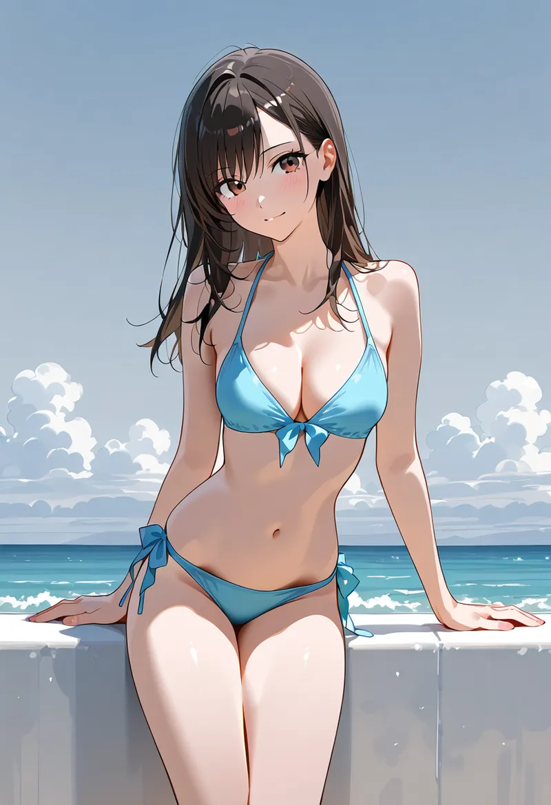 澄んだ青空と白い雲、輝く海を背景にした夏のポートレートです。黒髪が美しい少女が明るい笑顔で海辺に佇む、爽やかなアニメ調イラストです。