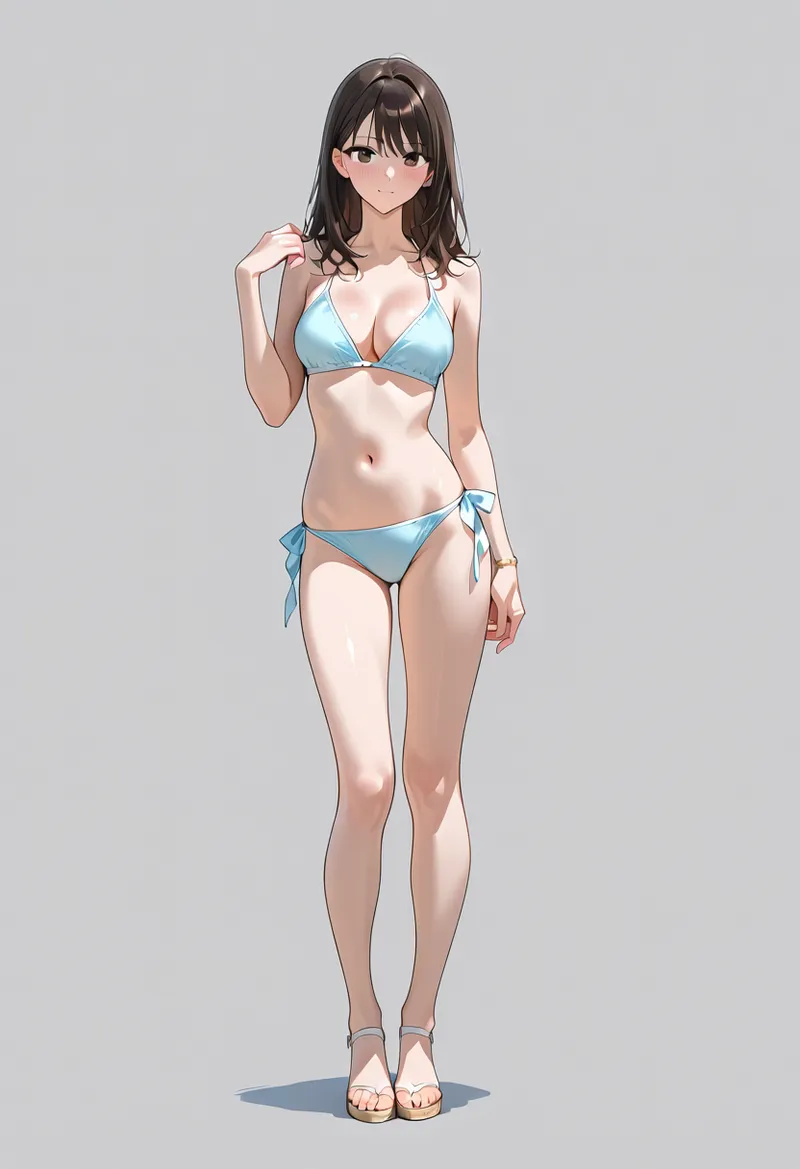 黒髪ロングの美少女がライトブルーのビキニを着たポートレートイラスト。柔らかな表情と自然なポーズで、夏らしい爽やかな雰囲気を表現しています。