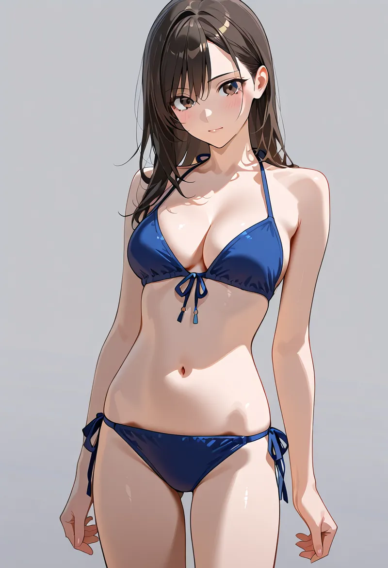 深い紺色の水着を身にまとった美少女のアニメ調イラスト。柔らかな肌の質感と落ち着いた表情が優雅に表現された、洗練されたグラビアスタイルの作品です。