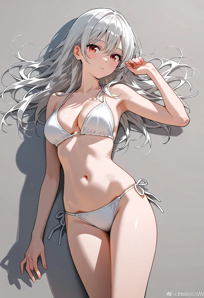 流れるような銀髪と赤紫色の瞳が特徴的なアニメ調の美少女イラストです。白と紺色の爽やかな配色で、優雅な表情と躍動感のあるポーズが印象的に描かれています。