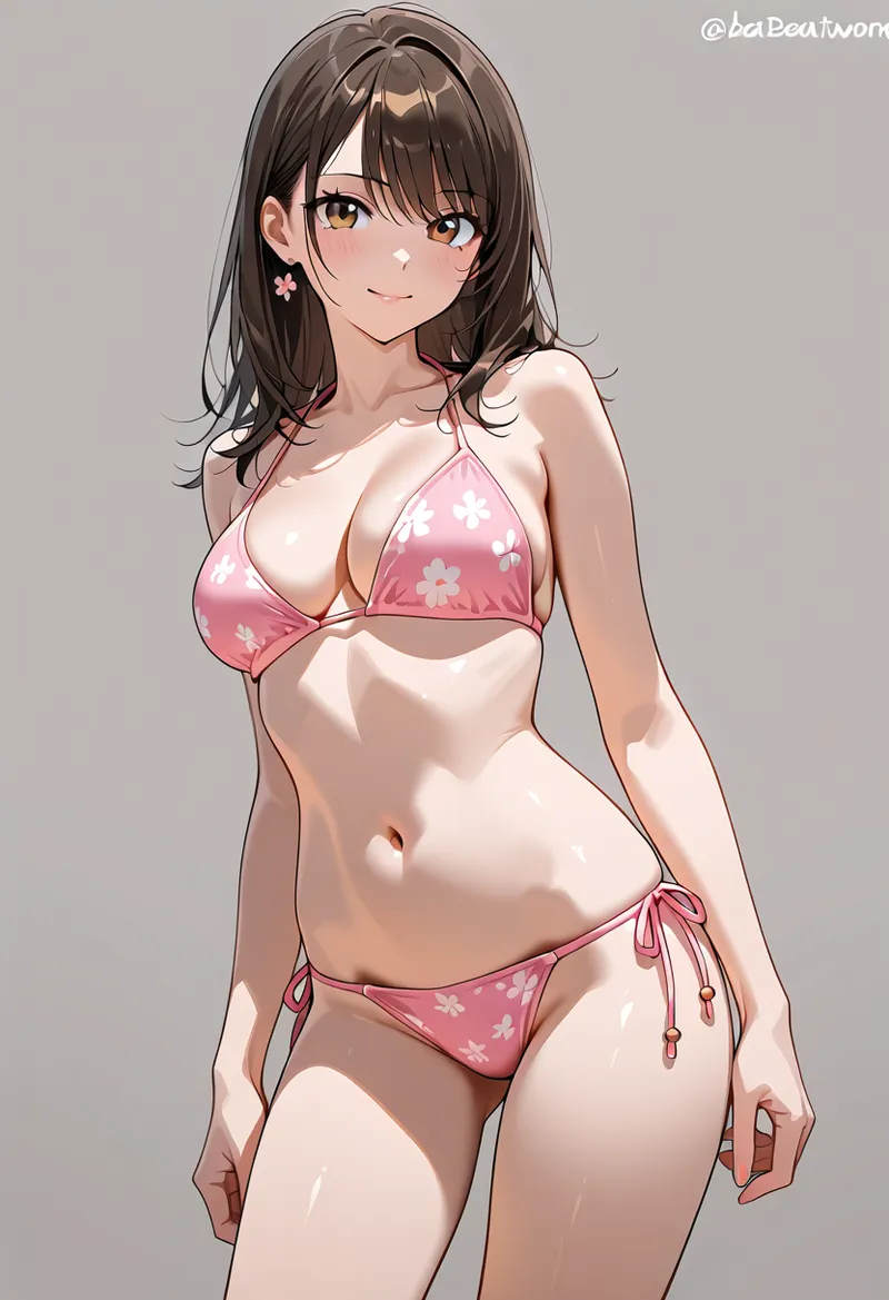 白い肌に優しい表情の美少女が、花柄模様のピンクランジェリーを身につけたグラビア風ポートレート。柔らかな照明と落ち着いた背景で、優雅で清潔感のあるイメージを演出しています。