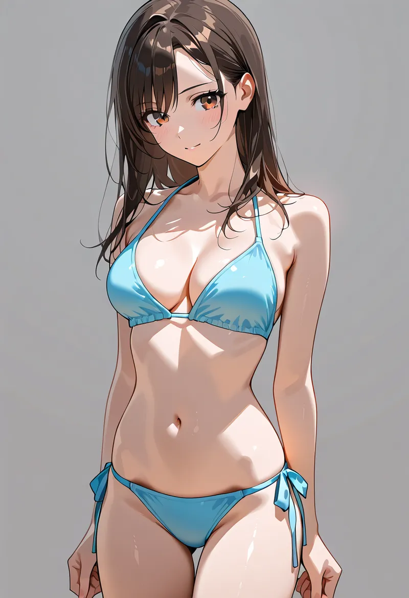 黒髪ロングで清涼感あふれる表情の少女が、青色水着を纏いほほ笑むグラビア風のアニメ調イラスト。グレー背景でシンプルに描かれた上品な構図です。