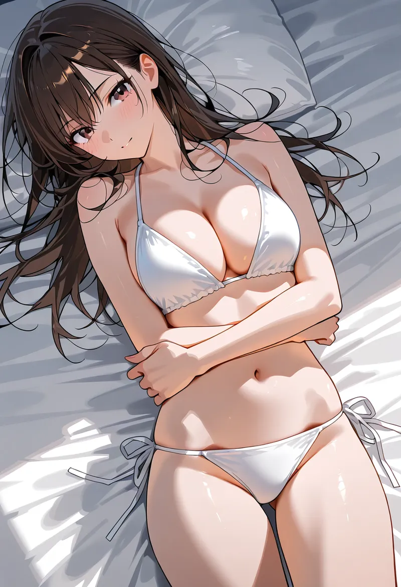 長い黒髪がなびく美少女のアニメ調イラスト。白いビキニを身につけ、柔らかな日光の中で優雅な姿勢で描かれています。光と影の表現が印象的な作品です。