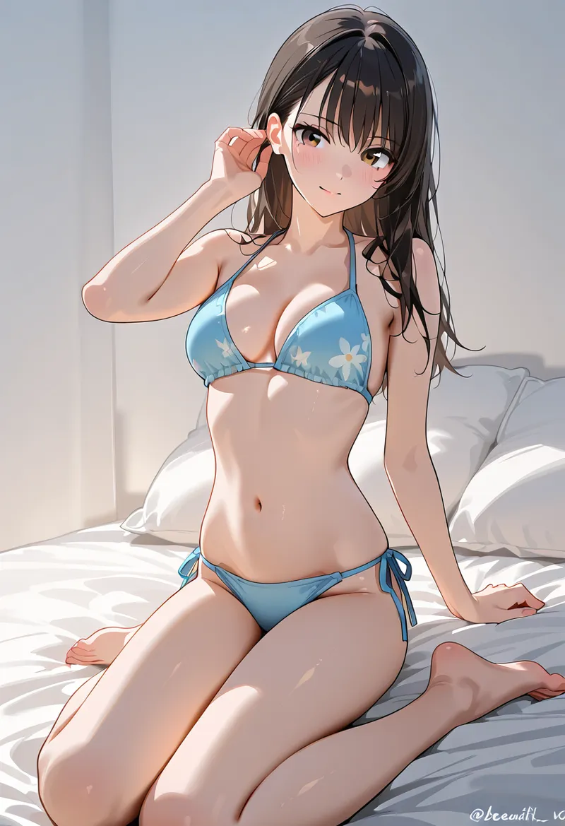 淡いブルーの花柄ビキニを身に纏った美少女が、白いベッドの上で優雅な仕草を見せるアニメ調イラストです。柔らかい光に包まれた室内で、髪を耳にかけながら上品な表情を浮かべています。