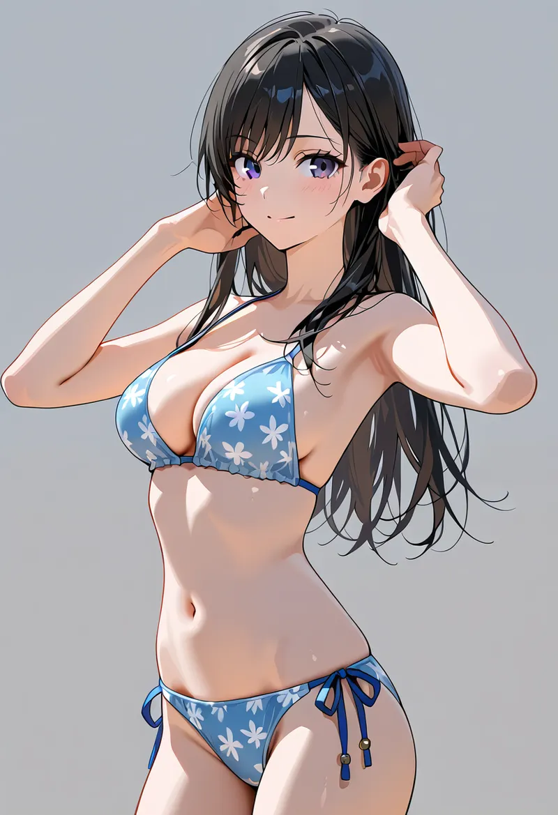清潔感のある薄青色の花柄水着姿の美少女が、落ち着いた灰色背景を背にポーズしています。流れるような黒髪と紫紺の瞳が特徴的で、明るく柔らかい肌質表現が素敵なアニメ調イラストです。