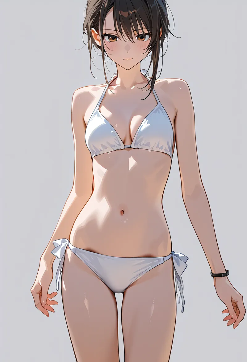 黒髪をまとめた美少女が白い水着姿で爽やかに佇む、夏らしいアニメ調イラストです。柔らかい陰影と透明感のある肌表現、そして凛とした眼差しが印象的なポートレート作品。