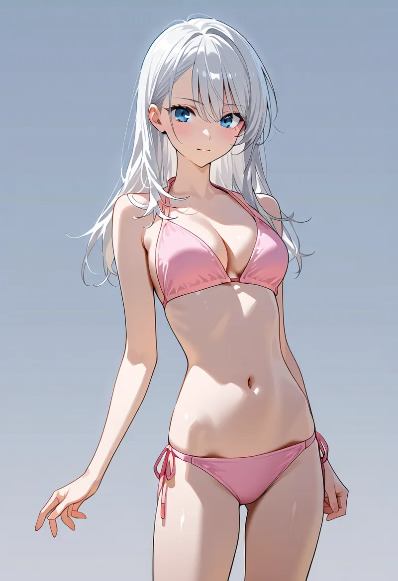 透明感のある銀髪と青い瞳が印象的な美少女のアニメ調イラストです。ピンク色の水着姿で、淡いブルーの背景に優雅に佇む姿が描かれています。