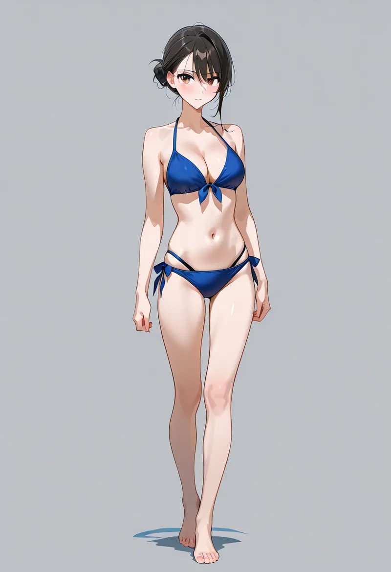 黒髪をまとめた美少女が紺色の水着を身につけた、夏らしい爽やかなアニメ調イラストです。落ち着いた灰色背景に映える立ち姿で、優雅で清潔感のある仕上がりとなっています。