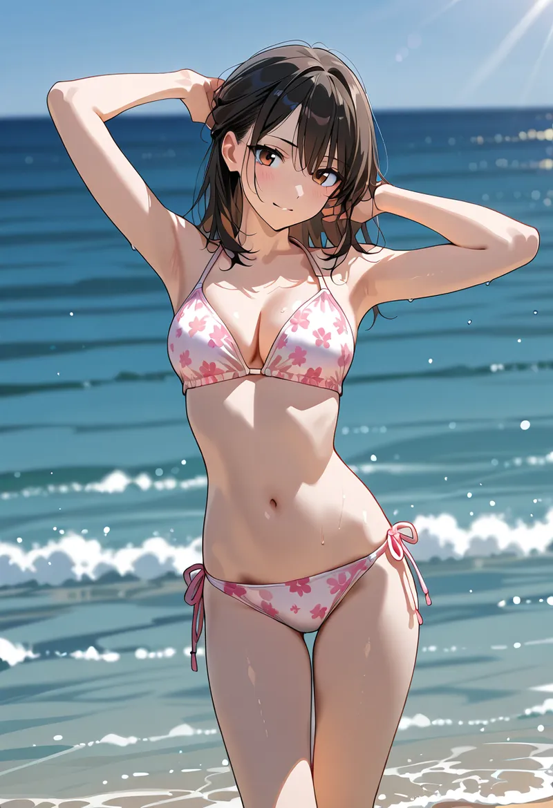 青い海を背景に、黒髪をなびかせながら両手を頭に上げたポーズの少女。ピンク色の花柄ビキニと爽やかな表情で、サマーシーズンの輝く太陽光に包まれた開放的な雰囲気のイラストです。