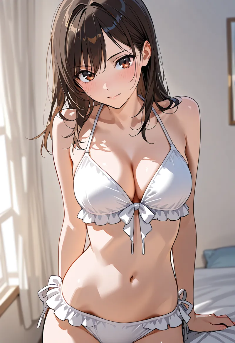 黒髪にフェイスアップで見つめる表情が印象的な美少女イラストです。柔らかな自然光が差し込む室内で、白いリボン装飾のアイテムを身に着けた清潔感あふれるアニメ調の描写となっています。
