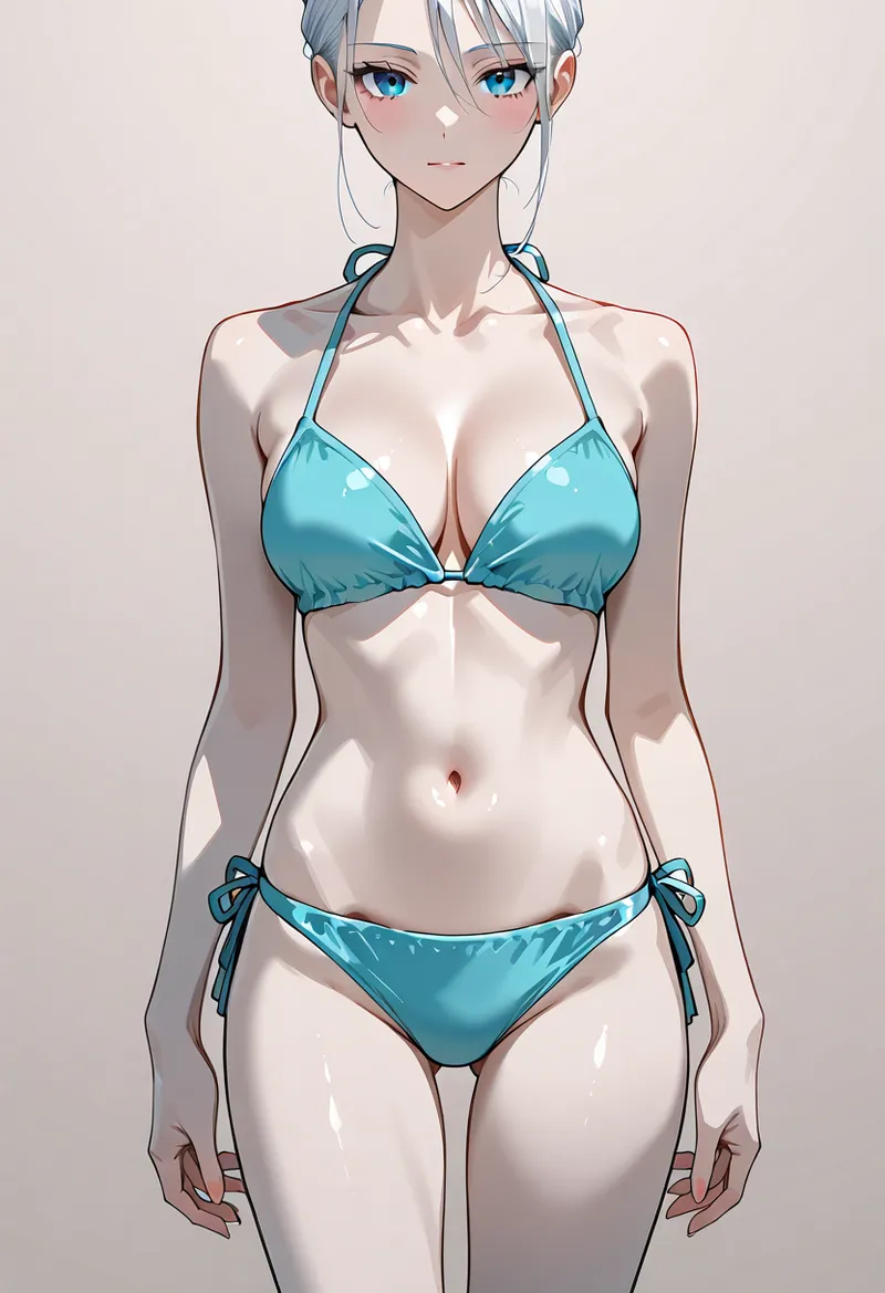 透き通った青い瞳と銀白色の長髪が印象的な美少女のイラストです。青いビキニを身に纏った夏らしいポートレートで、柔らかな肌色と丁寧に描き込まれた陰影が魅力的な作品です。