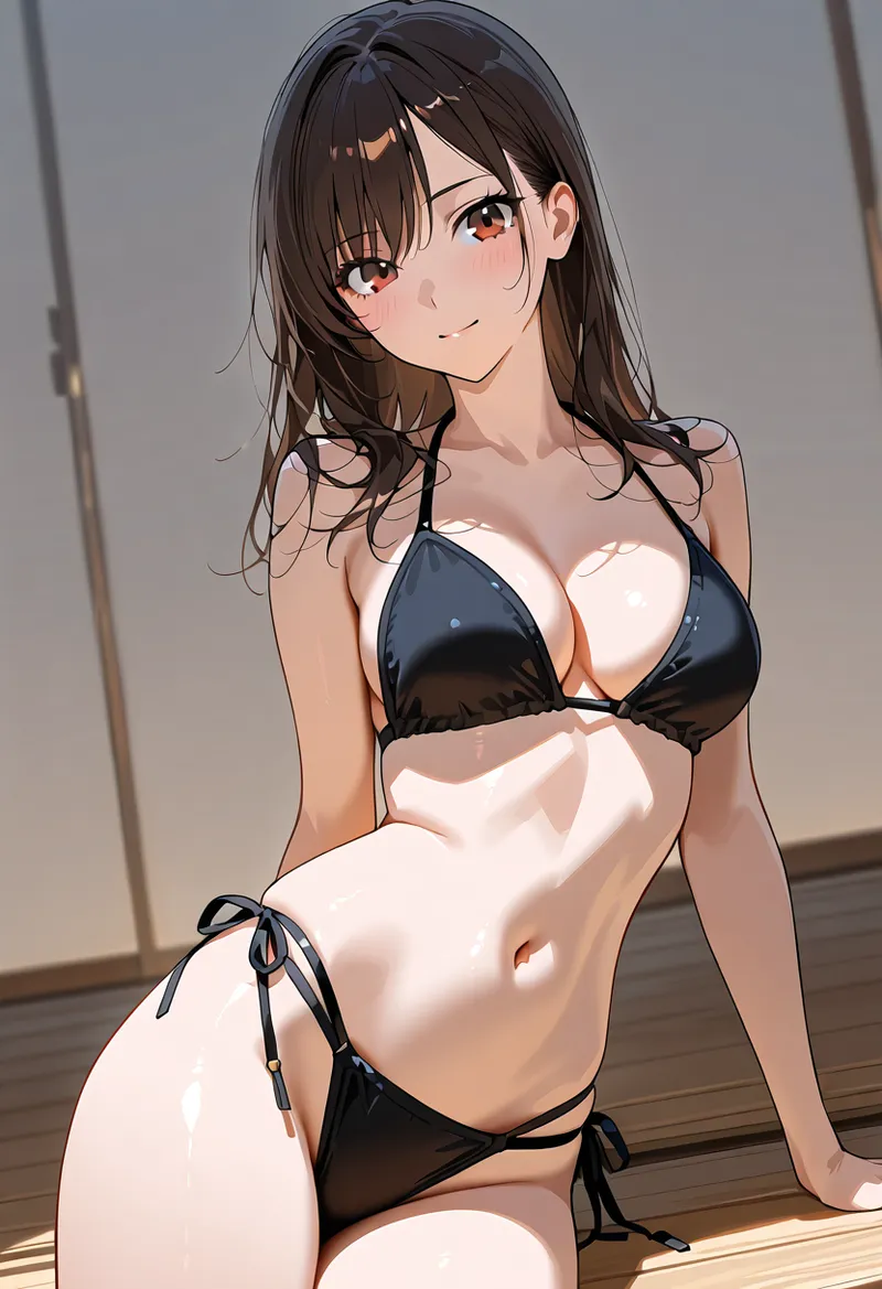 優雅な表情の長髪美少女がインテリアの整った室内でポーズを取るポートレート。赤茶色の瞳と落ち着いた笑みが特徴的で、光と影の使い方が立体感を引き出しています。